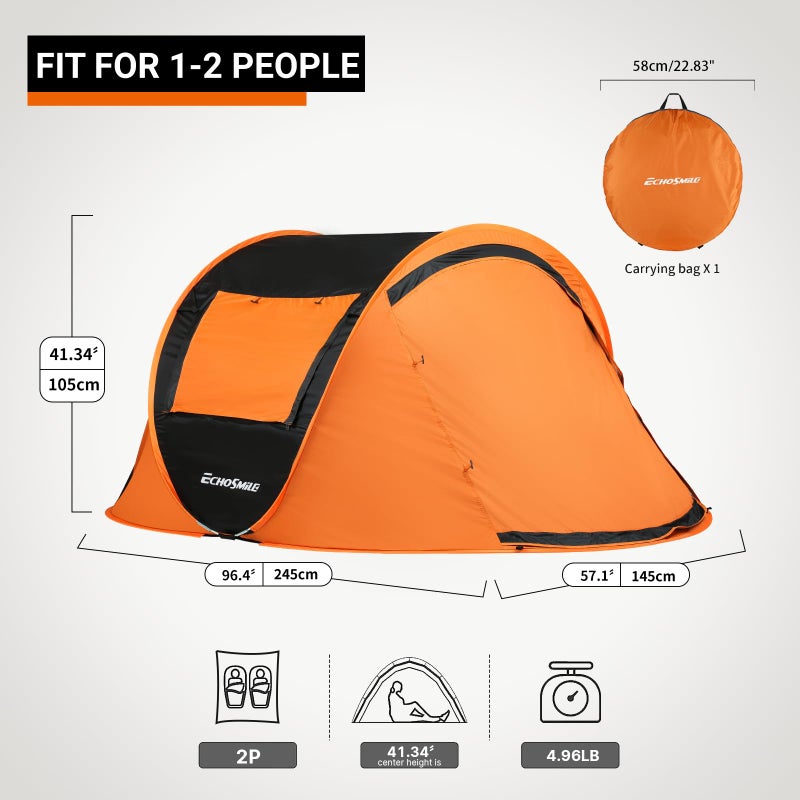 EchoSmile Instant Pop Up Camping Tent, 2 Person Easy Setup Tent, Water Resistant Dome, Portable with Carry Bag,Black & Orange - Image 2