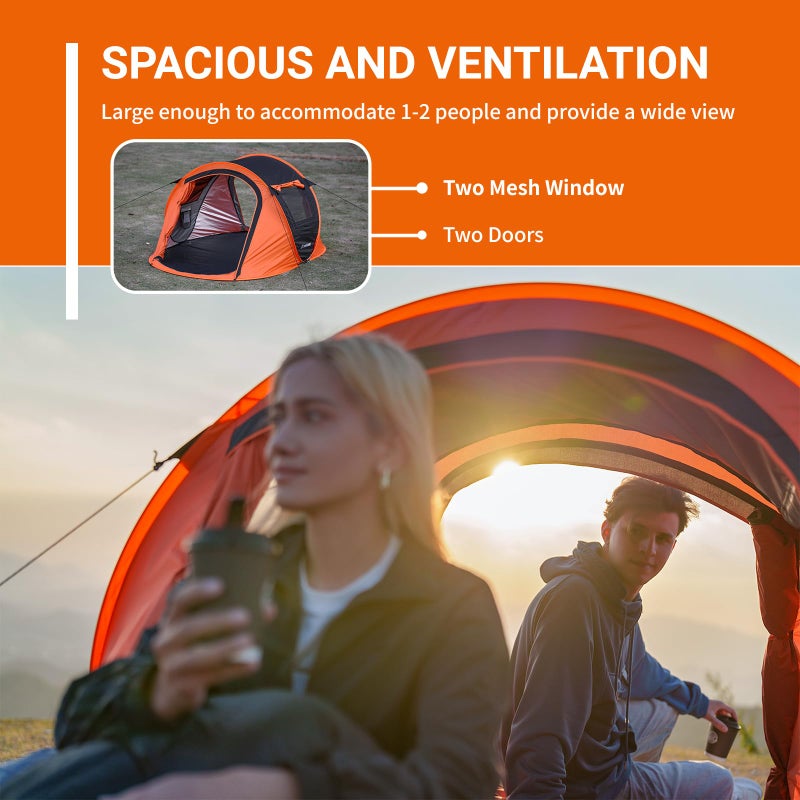 EchoSmile Instant Pop Up Camping Tent, 2 Person Easy Setup Tent, Water Resistant Dome, Portable with Carry Bag,Black & Orange - Image 4