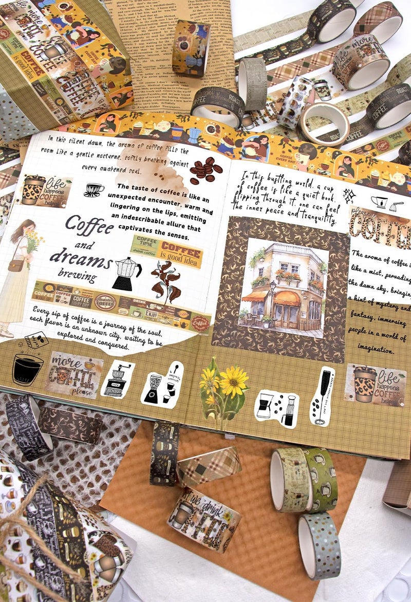 KOVANO Coffee Themed Washi Tape Set, 14 Rolls Vintage Crafts Tape, Art Decorative Tape for Scrapbooking Supplies, Junk Journal, Bullet Journaling, Vision Board Supplies - Image 5
