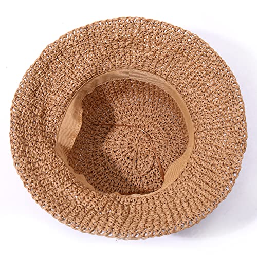 HZEYN Womens Straw Hat Wide Brim Crotchet Straw Bucket Sun Hat Packable Floppy Beach Hats for Women Summer Travel Accessories (Brown) - Image 3