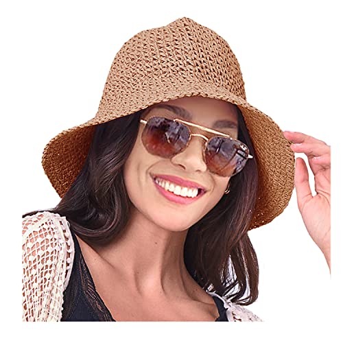 HZEYN Womens Straw Hat Wide Brim Crotchet Straw Bucket Sun Hat Packable Floppy Beach Hats for Women Summer Travel Accessories (Brown) - Image 1