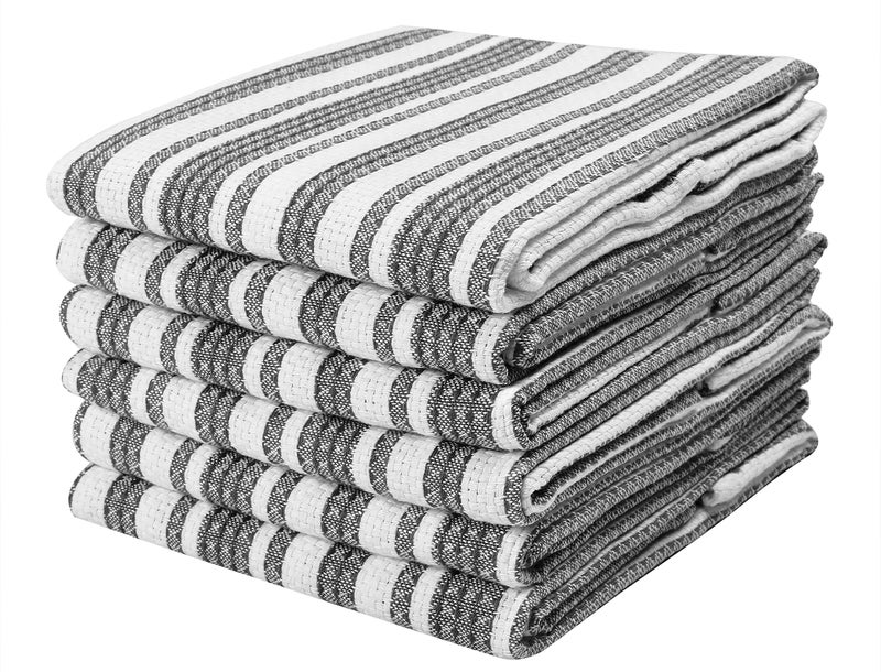 Goroly Home 6 Pack 100% Cotton Farmhouse Vintage Dish Towels Tea Towels Highly Absorbent Quick Dry Professional Grade with Hanging Loop - Stripes - 18x28 Inch - Charcoal - Image 1