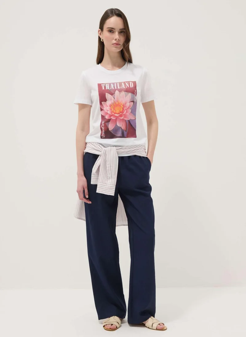 او في اس OVS White Pure Cotton T-Shirt With Floral Print