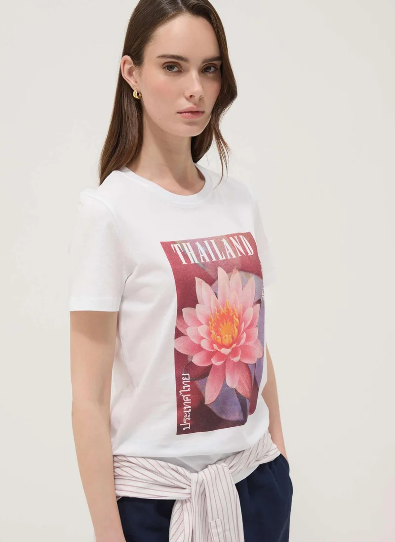 او في اس OVS White Pure Cotton T-Shirt With Floral Print