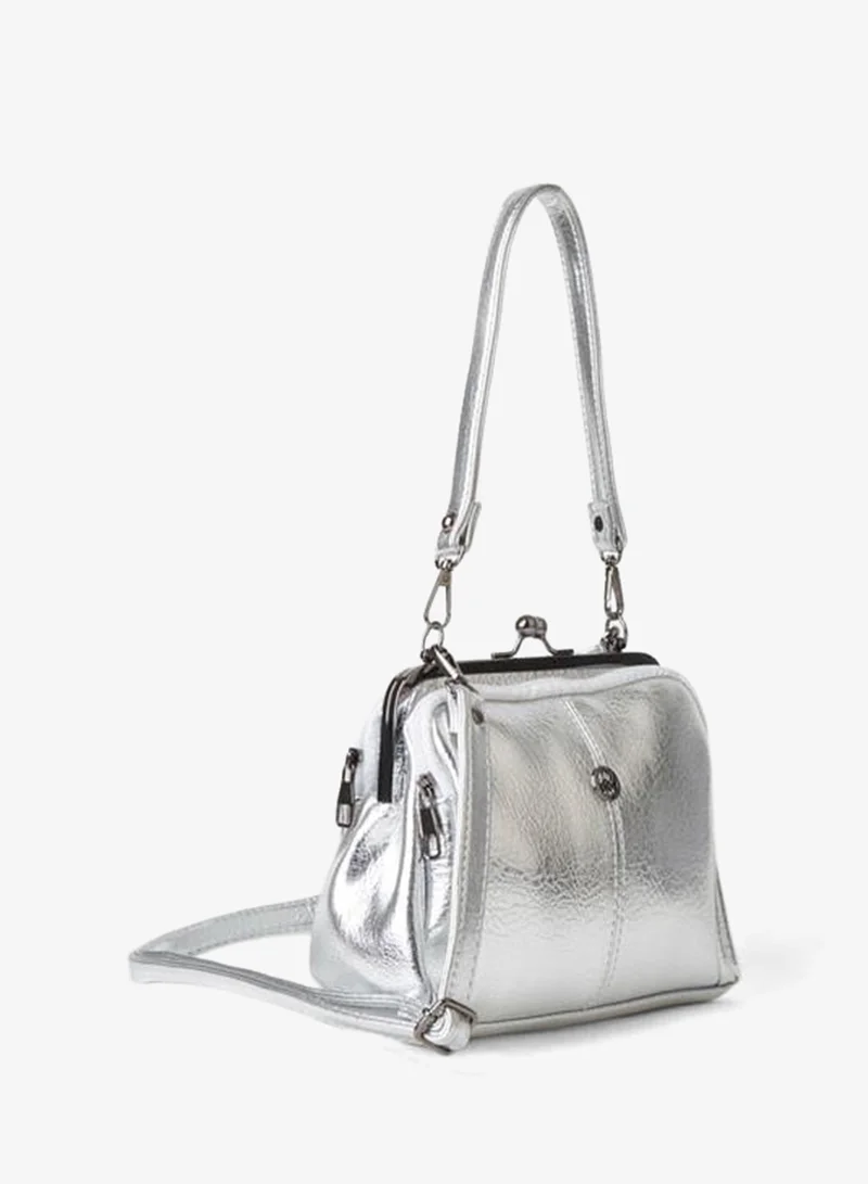 Women's Silver 4-Compartment Lined Buckle and Zipper Closure Hand, Arm, and Shoulder Bag.