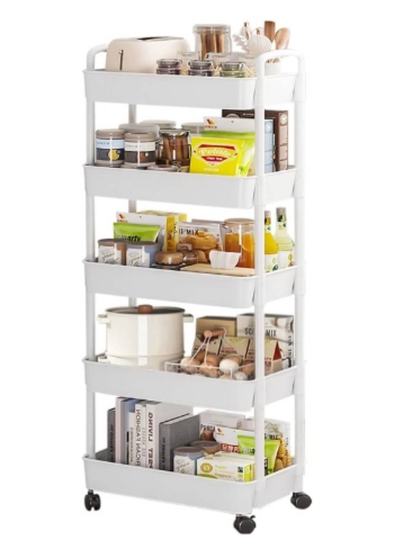 Rolling Cart with Lockable Wheels,Multifunctional Storage Shelves with Handle, Mobile Shelving Unit Cart Kitchen Storage Organizer for Bathroom,Laundry,Living Room (White, 5-Tier)