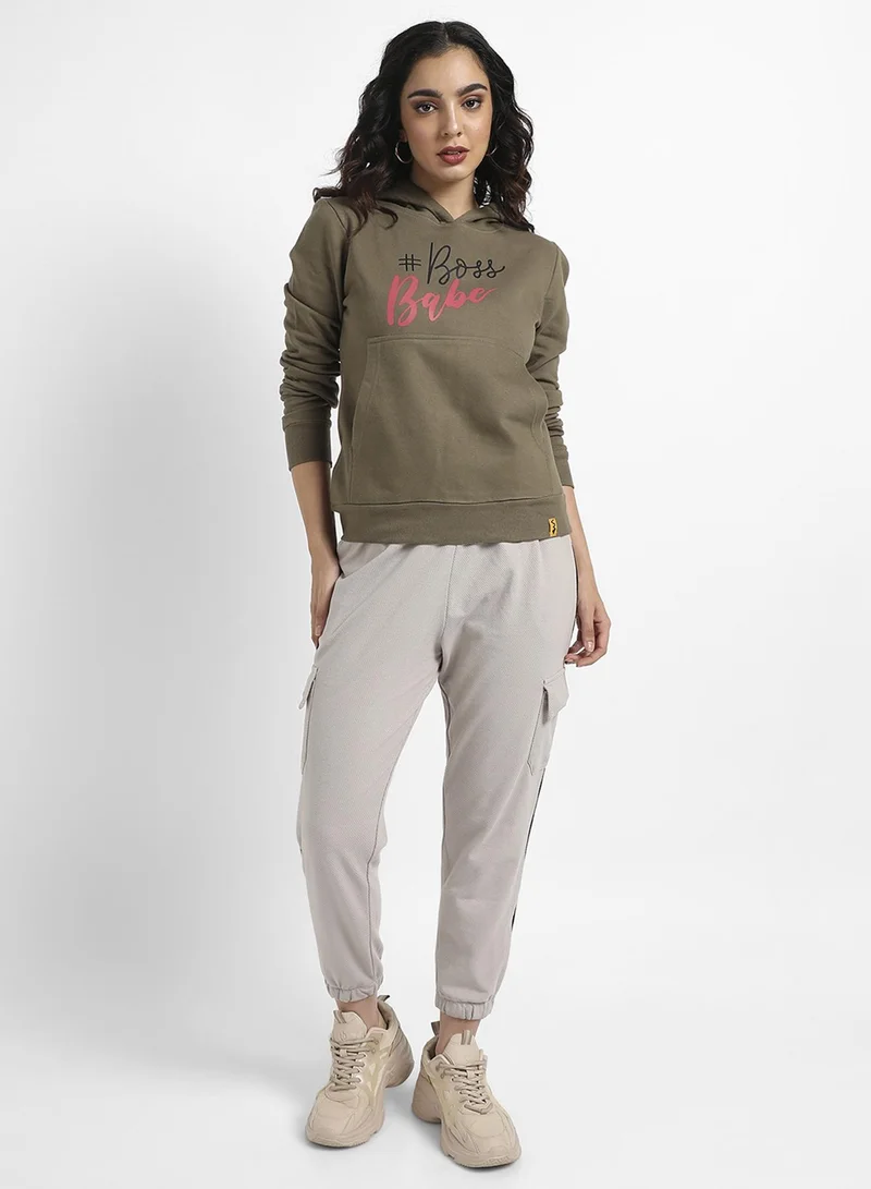 Campus Sutra Women's Olive Green Boss Babe Hoodie With Kangaroo Pockets For Casual Wear | Hooded Neck  | Long Sleeve | Pull On Closure | Cotton Sweatshirt Crafted With Comfort Fit For Everyday Wear