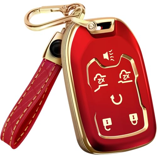 Lucrum Compatible with Chevy & GMC Key Fob Cover & Leather Keychain, 6 Buttons Keyfob Case for Acadia Sierra Silverado Tahoe Terrain Yukon (2014-2023) - Red and Gold - Image 1
