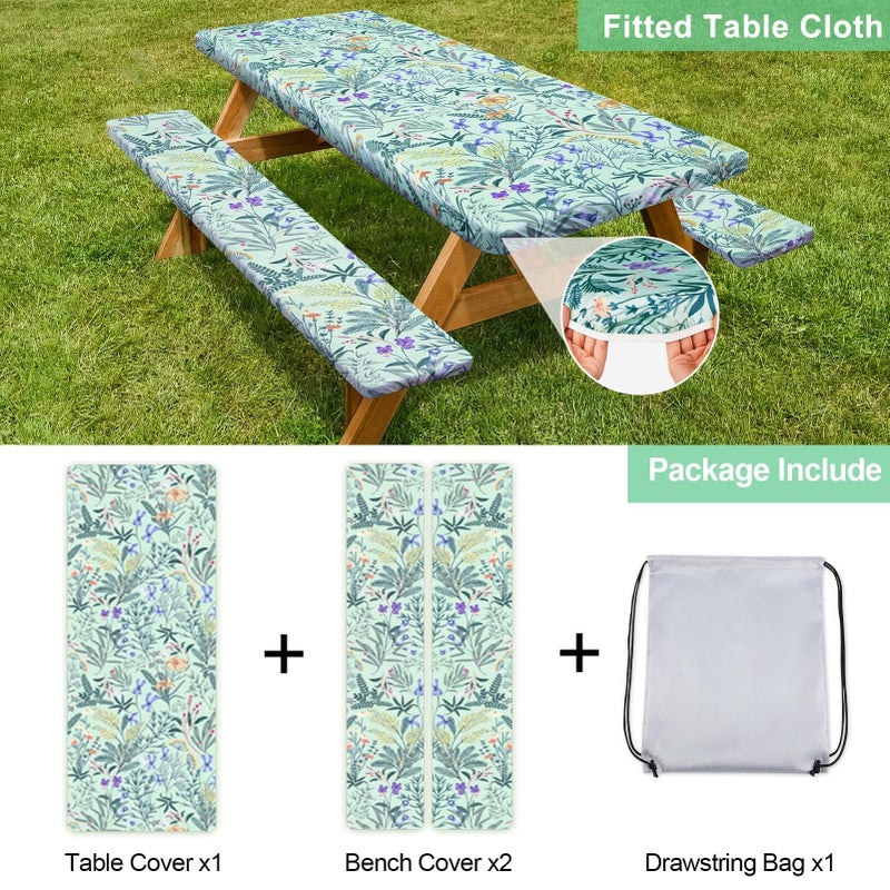 Play Tailor Picnic Table Cover with Bench Covers Camping Essentials Waterproof Windproof Camping Tablecloth with Drawstring Bag, Fitted Rectangle Tables and Seats, 72in, Gray Blue - Image 4