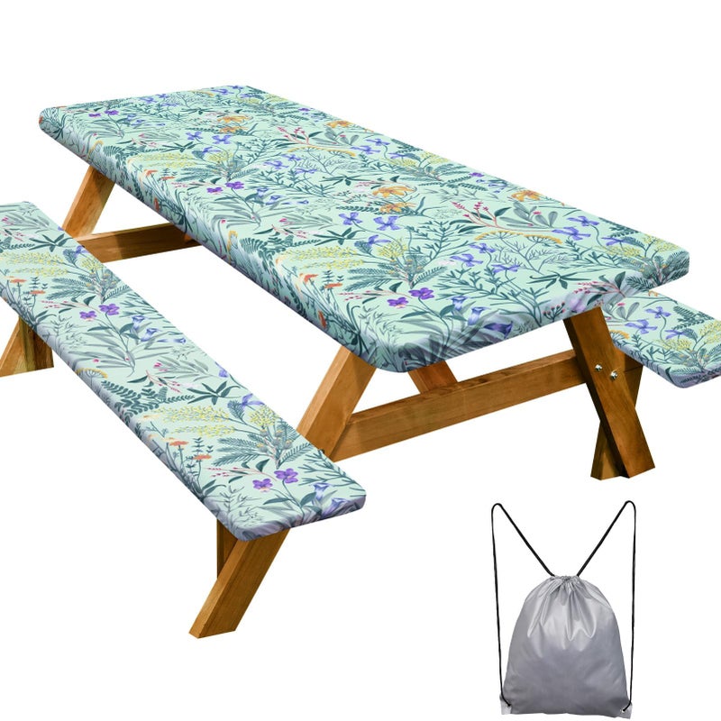 Play Tailor Picnic Table Cover with Bench Covers Camping Essentials Waterproof Windproof Camping Tablecloth with Drawstring Bag, Fitted Rectangle Tables and Seats, 72in, Gray Blue - Image 1