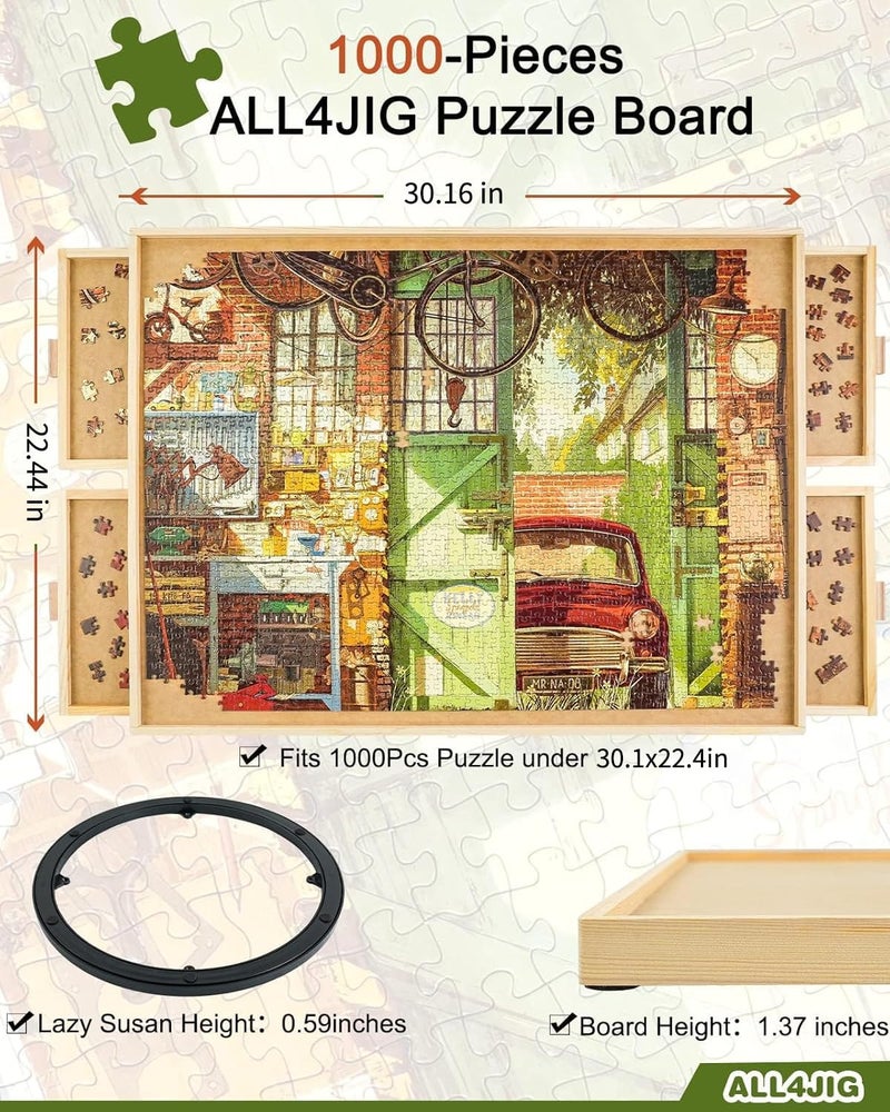 ALL4JIG 1000 Piece Rotating Puzzle Board with Drawers 22"x30"Portable Wooden Jigsaw Puzzle Table for Adults Portable,Lazy Susan Spinning Puzzle Boards Birthday Gift for mom - Image 3
