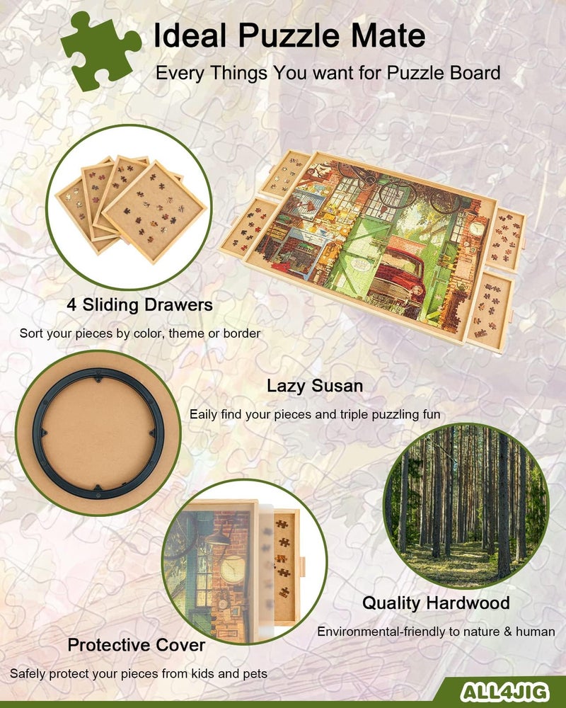 ALL4JIG 1000 Piece Rotating Puzzle Board with Drawers 22"x30"Portable Wooden Jigsaw Puzzle Table for Adults Portable,Lazy Susan Spinning Puzzle Boards Birthday Gift for mom - Image 2