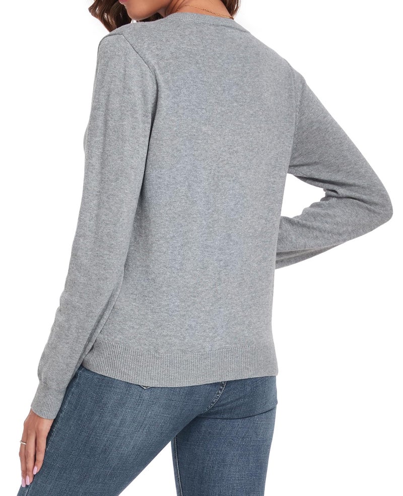 QUALFORT Women's 100% Cotton Sweater V Neck Long Sleeve Knitted Jumper Tops Grey Small - Image 2
