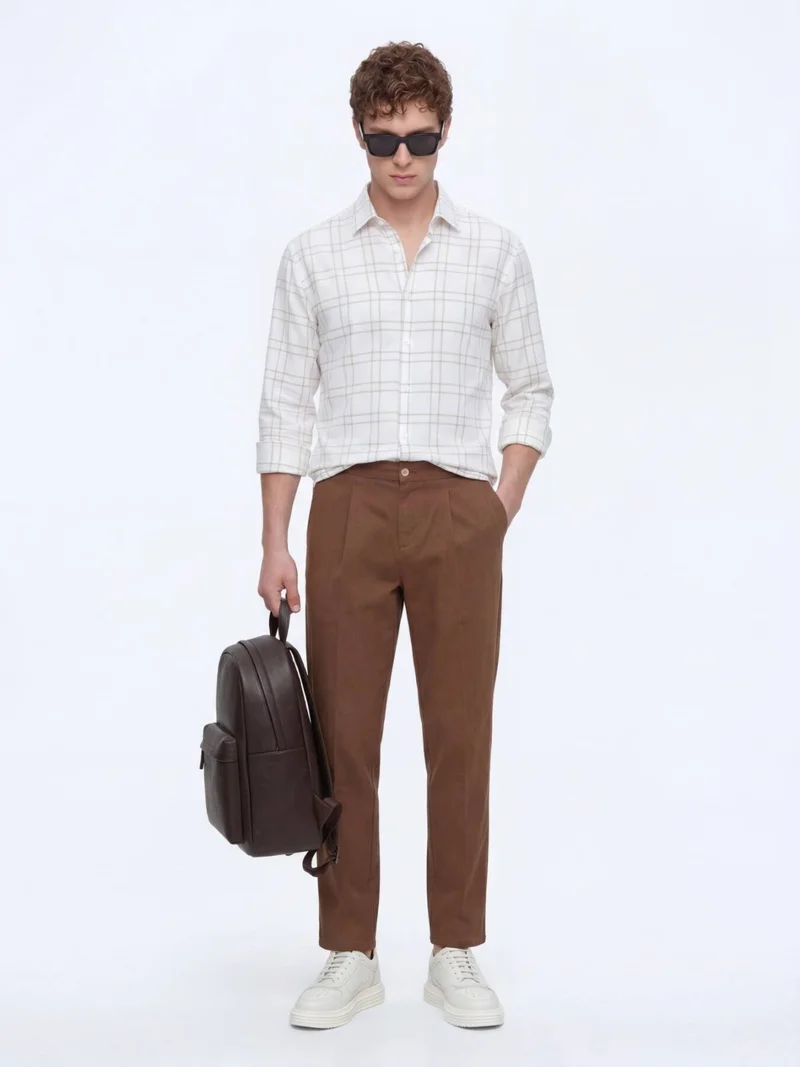 Kip Beige Checkered Regular Fit Long Weaving Casual Shirt