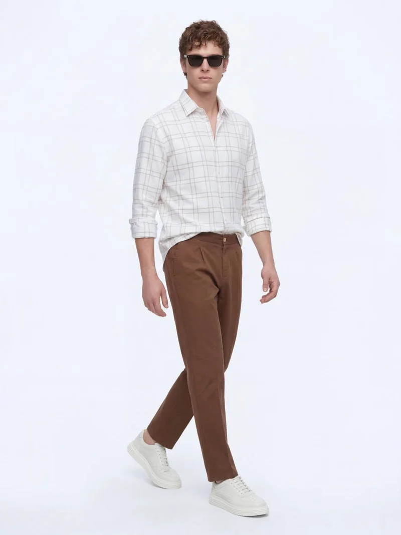 Kip Beige Checkered Regular Fit Long Weaving Casual Shirt