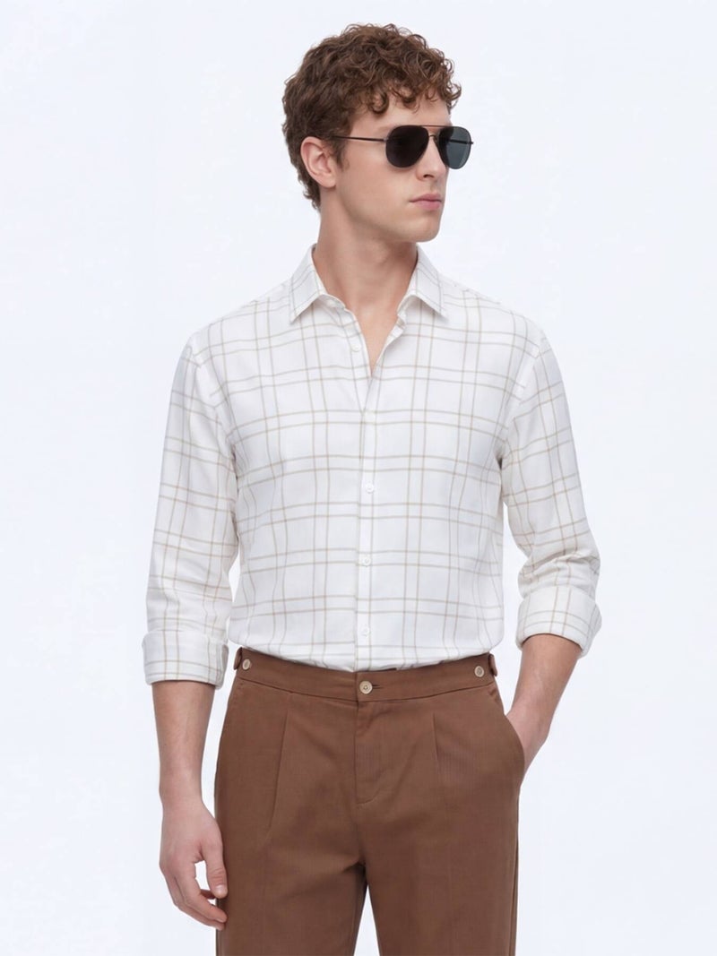 Kip Beige Checkered Regular Fit Long Weaving Casual Shirt - Image 4