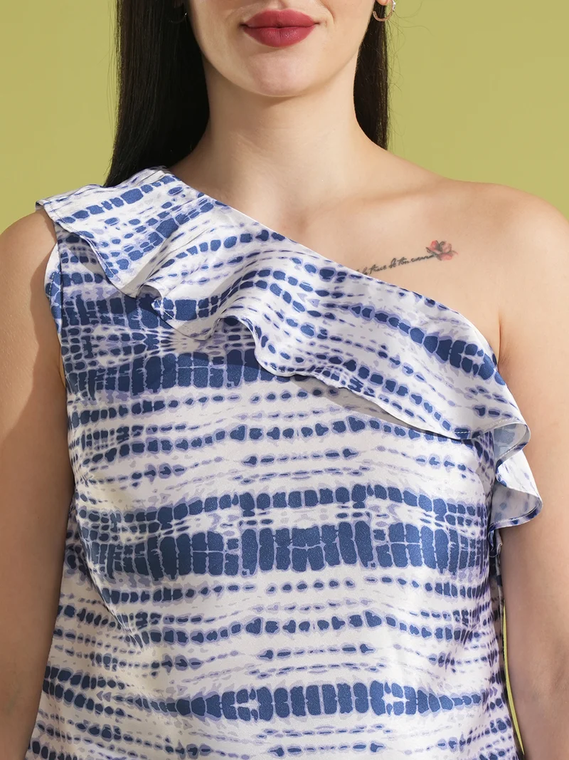 globus Women Abstract Printed One Shoulder Top With Trousers