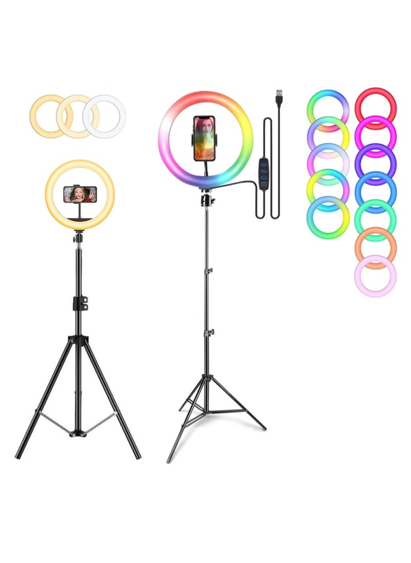 DIGI CORE - 13 inch RGB Ring Light With Tripod Stand 2.1 Meter Height RGB Selfie Light And 360° Phone Holder For Live Broadcast Youtube Instagram And Tik Tok Video Making - Image 1