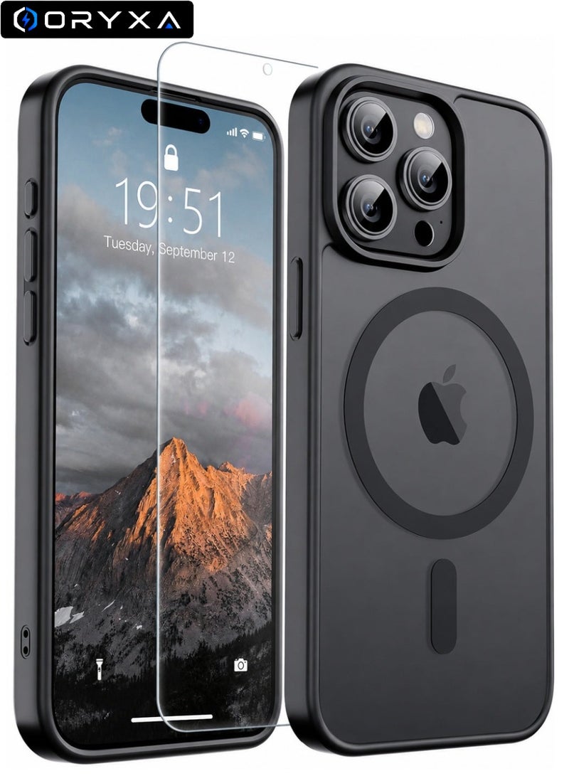 ORYXA iPhone 15 Pro Max Case, 2 IN 1 Magnetic Phone Cover + Screen Protector, For iPhone 15 Pro Max, Compatible with MagSafe, Translucent Matte Shockproof Cover, Slim Full Protection, Black - Image 1