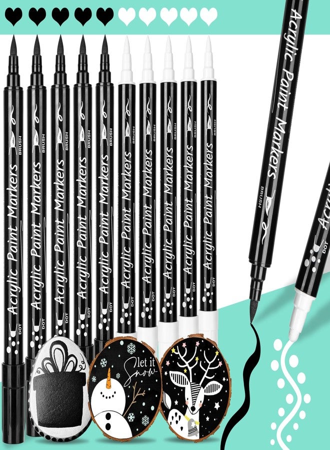 AKARUED Black White Paint Pen Acrylic Marker: 12 Pack Brush and Fine Dual-tip Permanent Black White Paint Markers for Paper, Rock Painting, Wood Sign, Metal, Plastic, Ceramic Drawing - Image 1