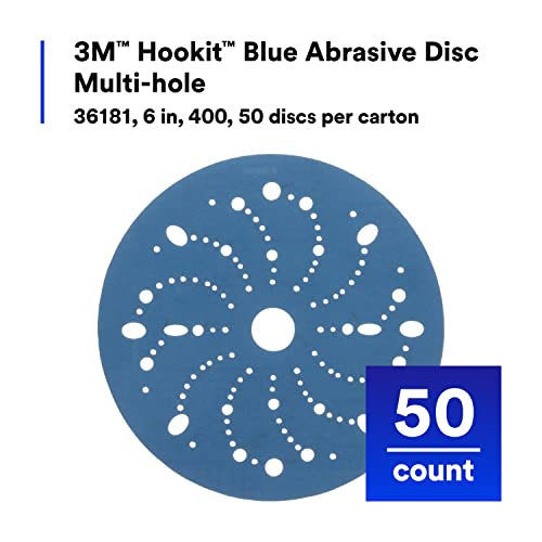 3M Hookit Blue Abrasive Discs 36181, Multi-Hole, 6 in, 400+ Grade, Pack of 50, Virtually Dust-Free, for Auto Sanding, Body Repair, Featheredging, Primer Sanding, Paint Preparation, E-Coat - Image 5