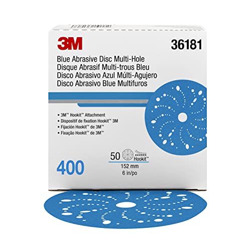 3M Hookit Blue Abrasive Discs 36181, Multi-Hole, 6 in, 400+ Grade, Pack of 50, Virtually Dust-Free, for Auto Sanding, Body Repair, Featheredging, Primer Sanding, Paint Preparation, E-Coat - Image 1