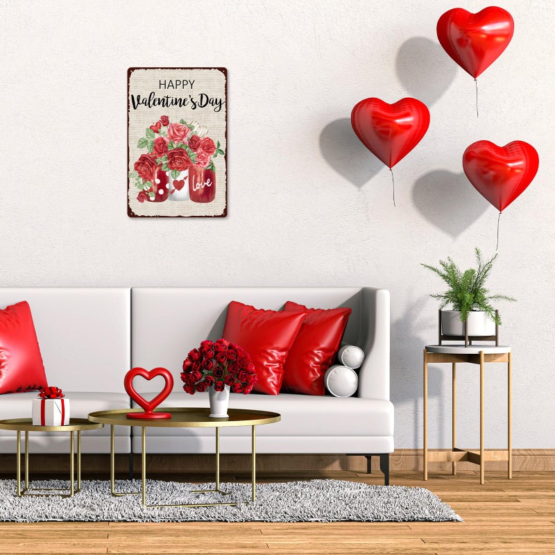 Whaline Retro Tin Sign Valentine's Day Rose Flower Mason Jar Metal Sign Red Floral Wall Art Decor Welcome Holiday Decor Iron Plaque Sign for Club Bar Garage Wall Decor, 12 x 8 Inch - Image 4