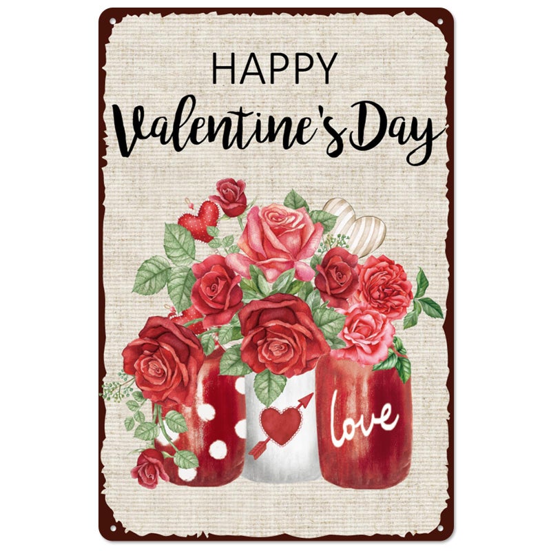 Whaline Retro Tin Sign Valentine's Day Rose Flower Mason Jar Metal Sign Red Floral Wall Art Decor Welcome Holiday Decor Iron Plaque Sign for Club Bar Garage Wall Decor, 12 x 8 Inch - Image 1