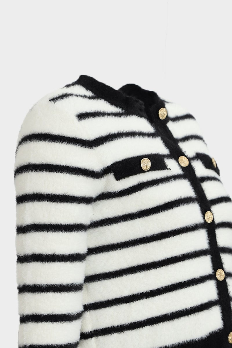 Açelya Okcu AÇELYAOKCU Premium Crew Neck Striped Soft Women's Knitwear Cardigan  - Image 2