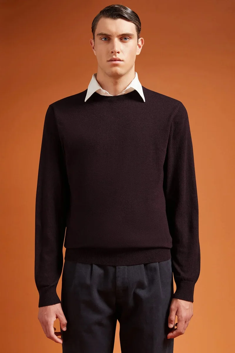 Men's regular fit crew neck jumper in wool and cotton - Bordeaux