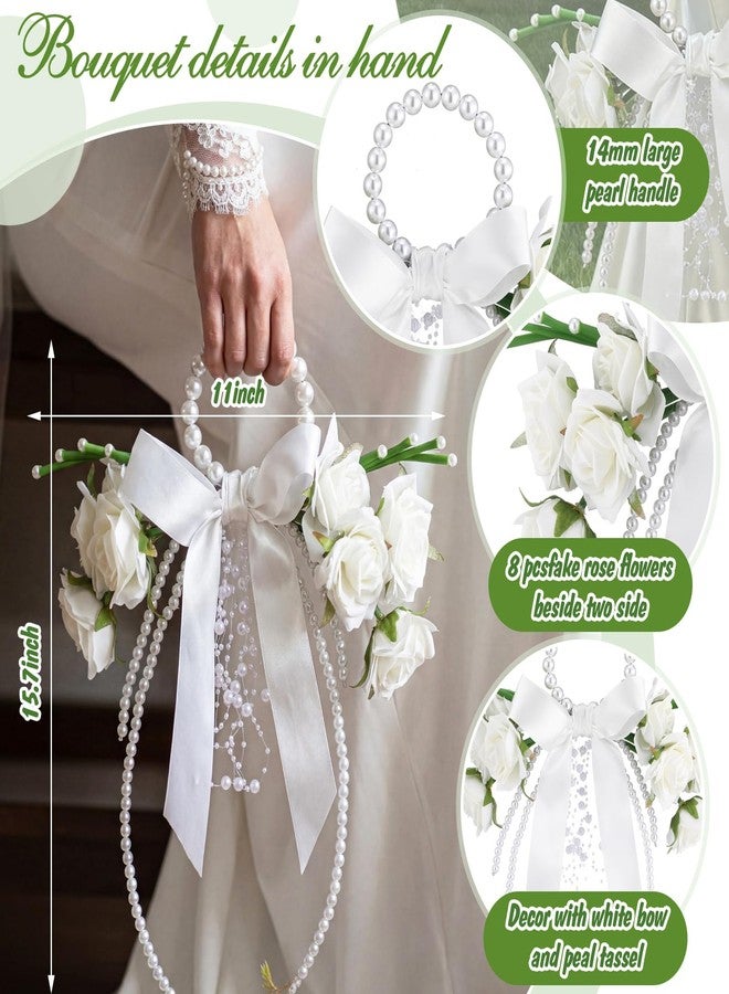 Novabright White Rose Bridal Bouquet with Pearl Handle, Bridal Pearly Bouquet with Rose Flowers with Pearl Bead for Wedding Party Church Bridesmaid - Image 2