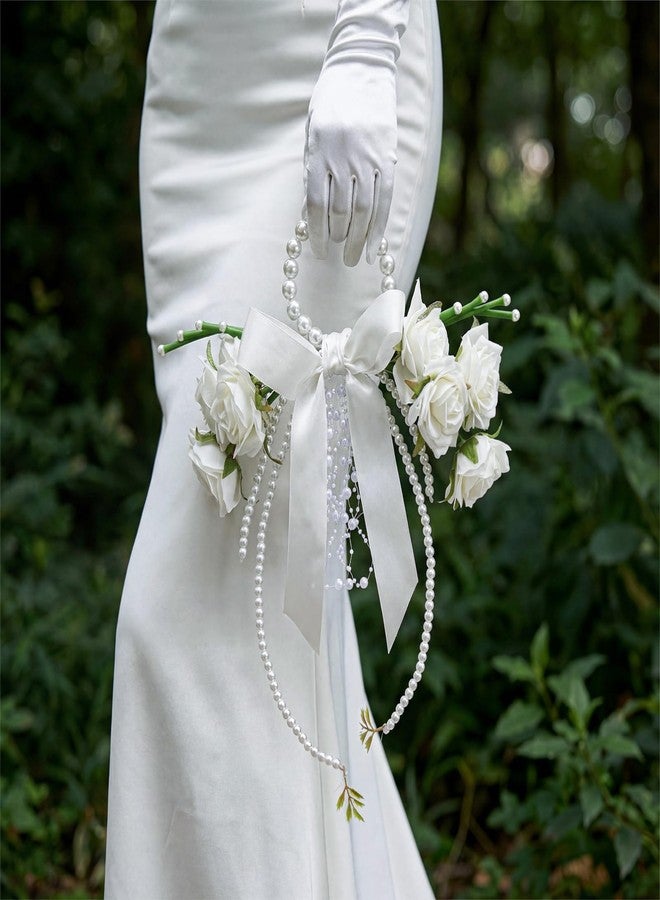 Novabright White Rose Bridal Bouquet with Pearl Handle, Bridal Pearly Bouquet with Rose Flowers with Pearl Bead for Wedding Party Church Bridesmaid - Image 5