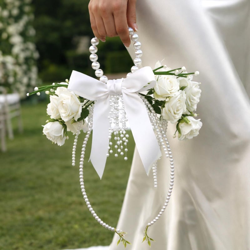 Novabright White Rose Bridal Bouquet with Pearl Handle, Bridal Pearly Bouquet with Rose Flowers with Pearl Bead for Wedding Party Church Bridesmaid - Image 1