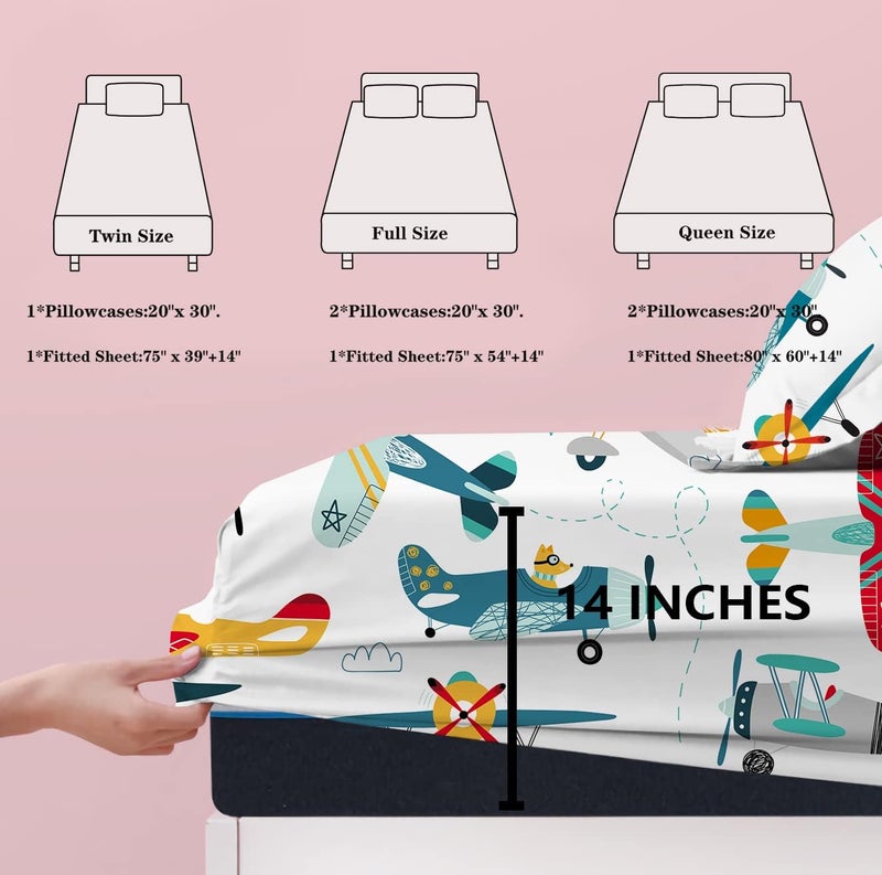 Yasida Cartoon Airplane Bed Sheets Set Full Size for Kids Teens Colorful Cartoon Propeller Plane Bed Fitted Sheets Boys Girls Teens Bedroom Decor Full Size(3pc) - Image 2