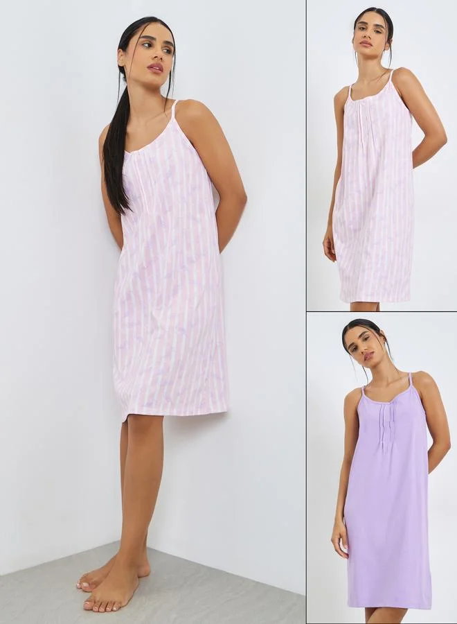 Styli Pack Of 2 - Seashorse Striped and Solid Pintuck Detail Slip Dress