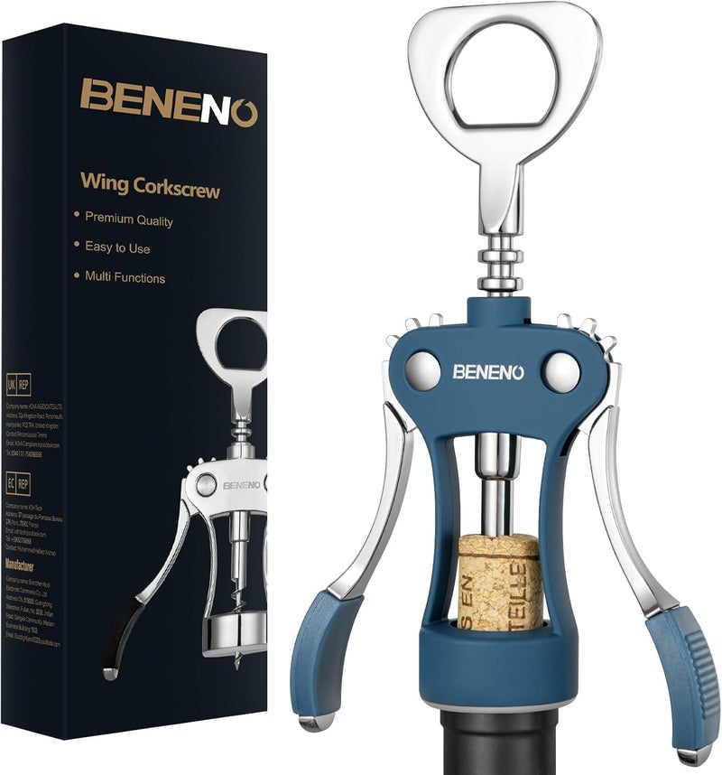 Beneno فتاحة نبيذ، فتاحة زجاجات متعددة الوظائف من سبائك الزنك مع مقبض جناح غير قابل للانزلاق، أزرق - Image 1