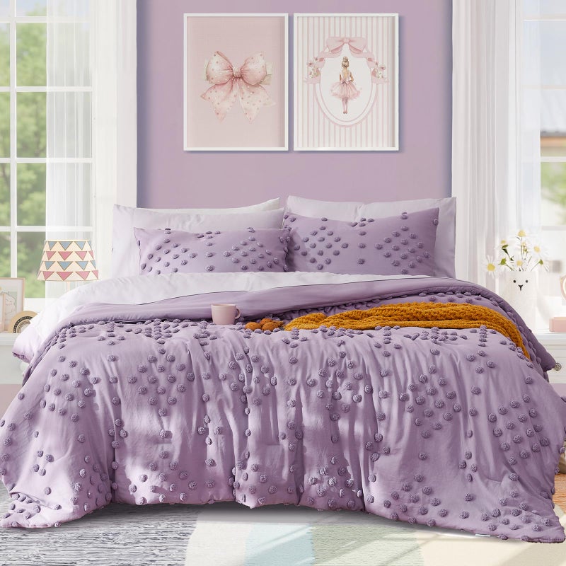 Geniospin Purple Twin Comforter Set for Girls 5 Pieces Pom Tufted Bed in A Bag Twin Bedding Sets with Sheets Pillowcases Shams All Season Kids Comforter Set