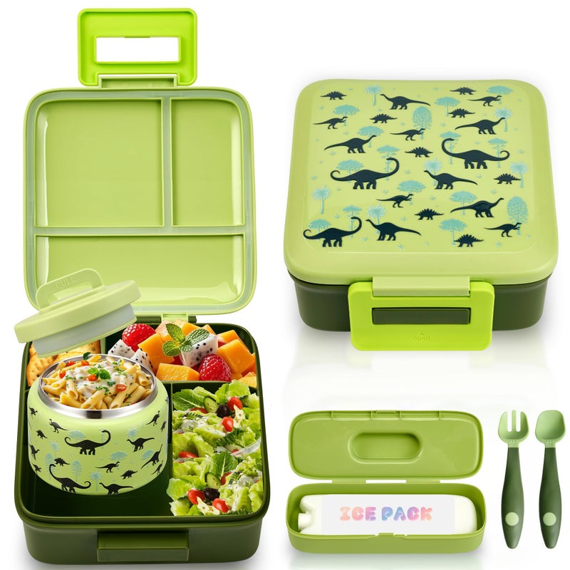 PIQUEBAR Bento Lunch Box for Kids with 8oz Soup Thermo Leak-Proof Lunch Food Containers with Snack Sauce Container for Kid Girls Boys to School (Forest Dinosaur) - Image 1