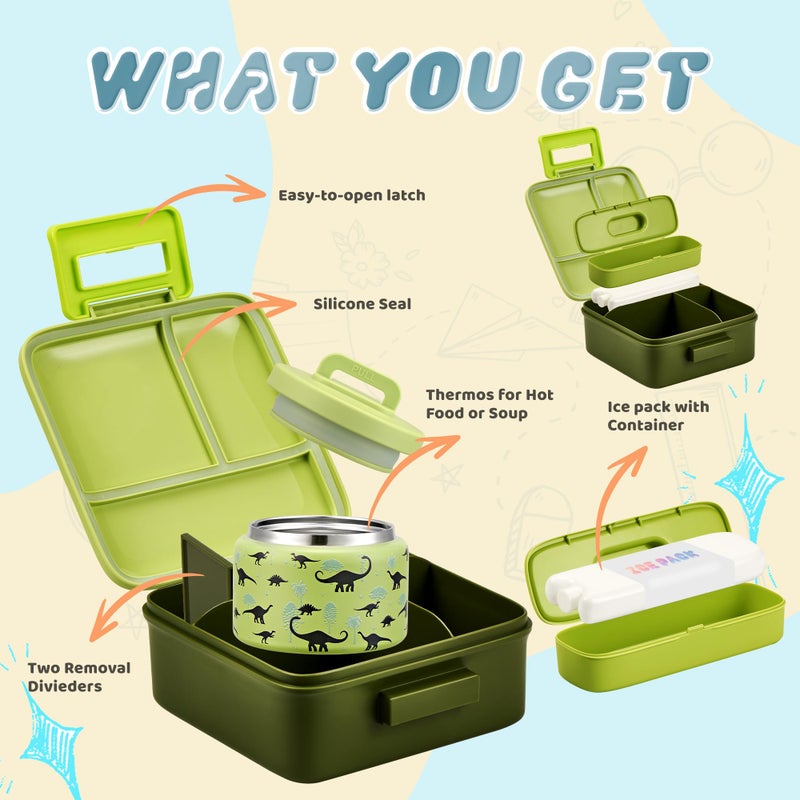PIQUEBAR Bento Lunch Box for Kids with 8oz Soup Thermo Leak-Proof Lunch Food Containers with Snack Sauce Container for Kid Girls Boys to School (Forest Dinosaur) - Image 2