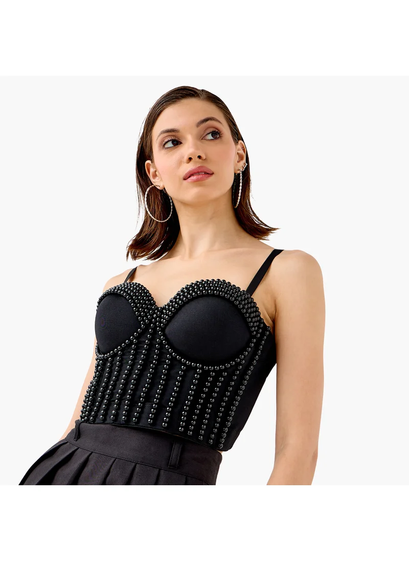 2Xtremz Pearl Embellished Strappy Crop Top