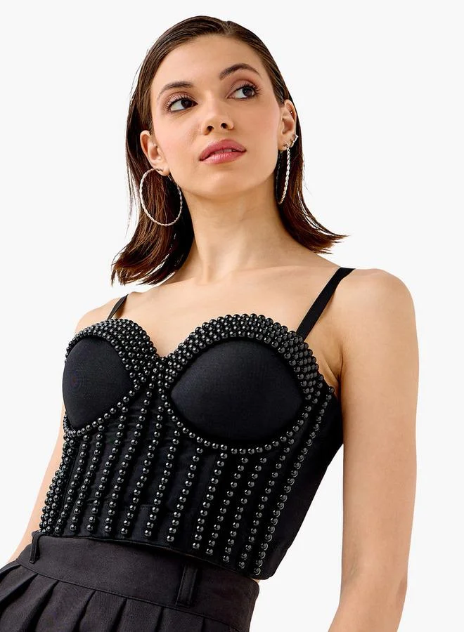 2Xtremz Pearl Embellished Strappy Crop Top
