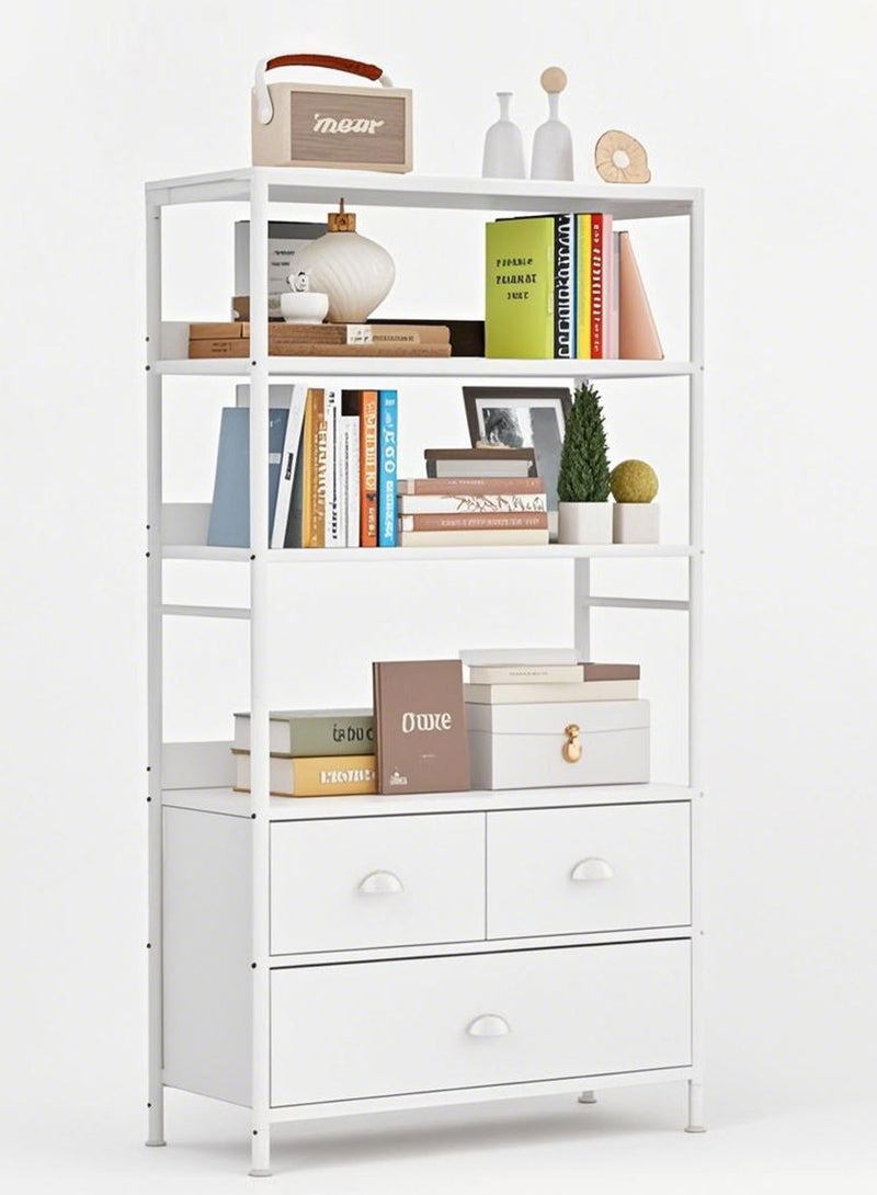 ACPLAY Multi-Functional 4-Tier Bookshelf with 3 Fabric Storage Drawers, Metal Frame & Wooden Top – Open Shelf & Storage Cabinet Combo for Living Room, Bedroom, Office, Kitchen - Image 1