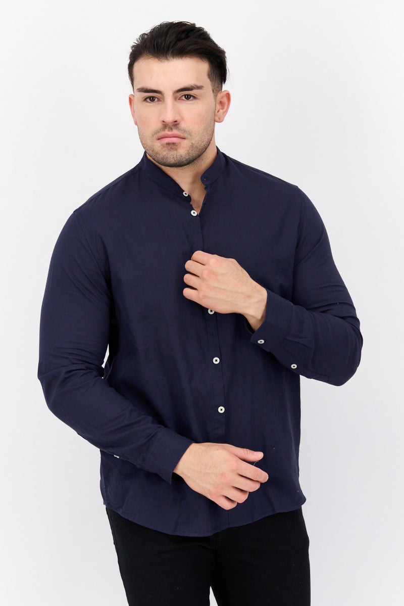 Gazzarrini قميص رجالي عادي بأكمام طويلة بلون أزرق داكن - Image 1