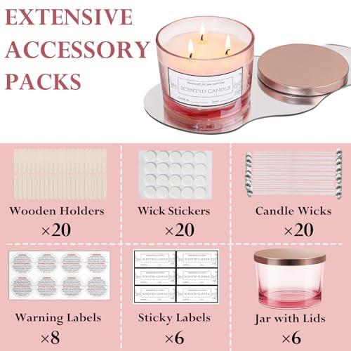 CONNOO 6 Pack 16 oz Candle Jars - 3 Wicks Pink Empty Glass Wide Mouth Candle Jars Come with Metal Lids Sticky Warning Labels and a Candle Wick Kit for Candle Making- Dishwasher Safe - Image 3