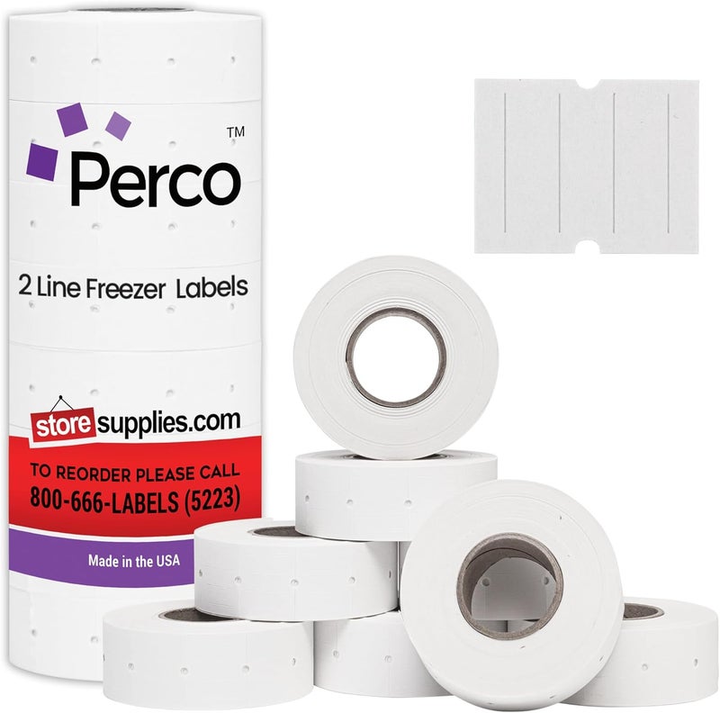 Perco 2 Line Freezer Adhesive Labels - 8 Rolls, 1 Sleeve, 6,000 Blank Price and Date Gun Labels for 2 Line Price and Date Guns - Made in USA - Image 1