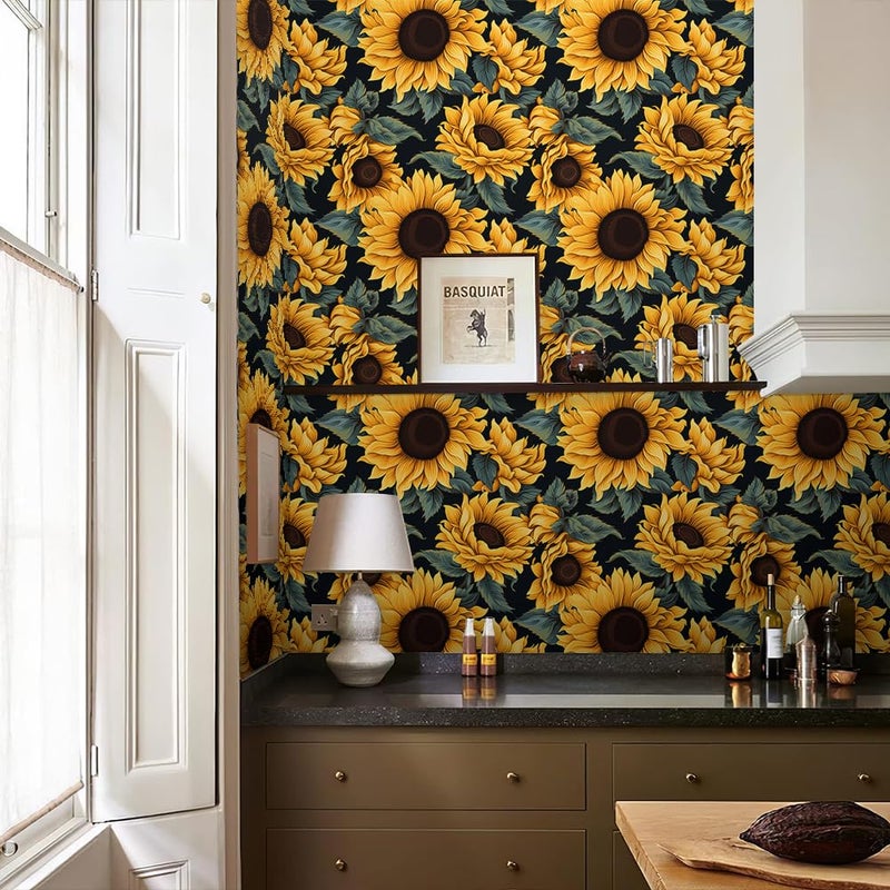 REDAMANCY Dark Black Yellow Sunflowers Floral Green Leaf Peel and Stick Wallpaper Stick on Contact Paper Vintage Wall Paper Easy Peel Off for nightstand Drawer Cabinet Renter - Image 5