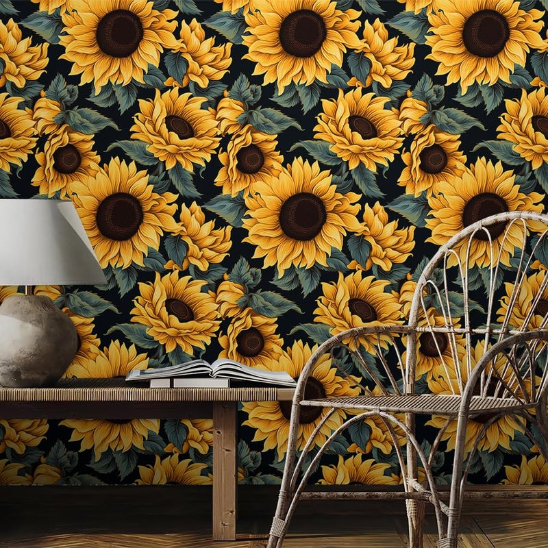 REDAMANCY Dark Black Yellow Sunflowers Floral Green Leaf Peel and Stick Wallpaper Stick on Contact Paper Vintage Wall Paper Easy Peel Off for nightstand Drawer Cabinet Renter - Image 3