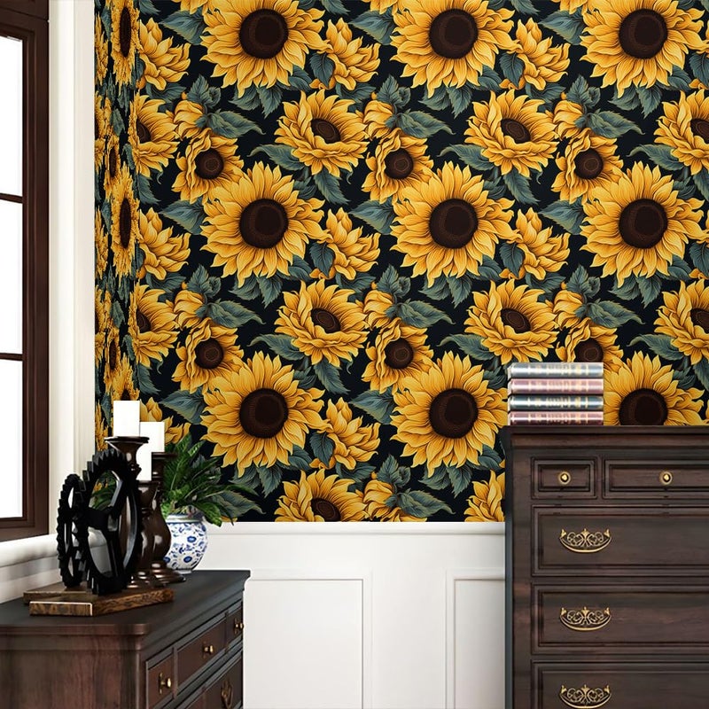 REDAMANCY Dark Black Yellow Sunflowers Floral Green Leaf Peel and Stick Wallpaper Stick on Contact Paper Vintage Wall Paper Easy Peel Off for nightstand Drawer Cabinet Renter - Image 2