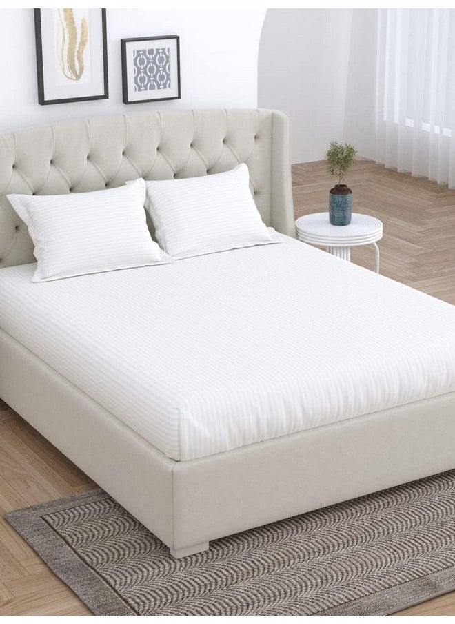 LINENWALAS Linenwalas 300 TC Premium 100% Cotton Stripes Single Fitted Bedsheet with 1 Pillow Covers, Hotel Luxury Bed Sheets - Extra Soft Easy Fit - Breathable & Cooling Sheets (36"X78" - White)  - Image 2