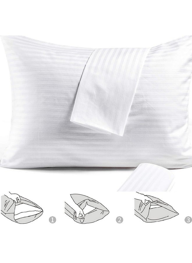LINENWALAS Linenwalas 300 TC Premium 100% Cotton Stripes Single Fitted Bedsheet with 1 Pillow Covers, Hotel Luxury Bed Sheets - Extra Soft Easy Fit - Breathable & Cooling Sheets (36"X78" - White)  - Image 5